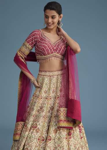 White And Pink Crepe Lehenga Set With Sequins And Cut Dana Work