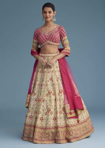 White And Pink Crepe Lehenga Set With Sequins And Cut Dana Work