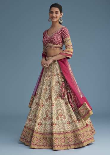 White And Pink Crepe Lehenga Set With Sequins And Cut Dana Work