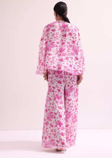 White And Pink Floral Croptop And Palazzo Set