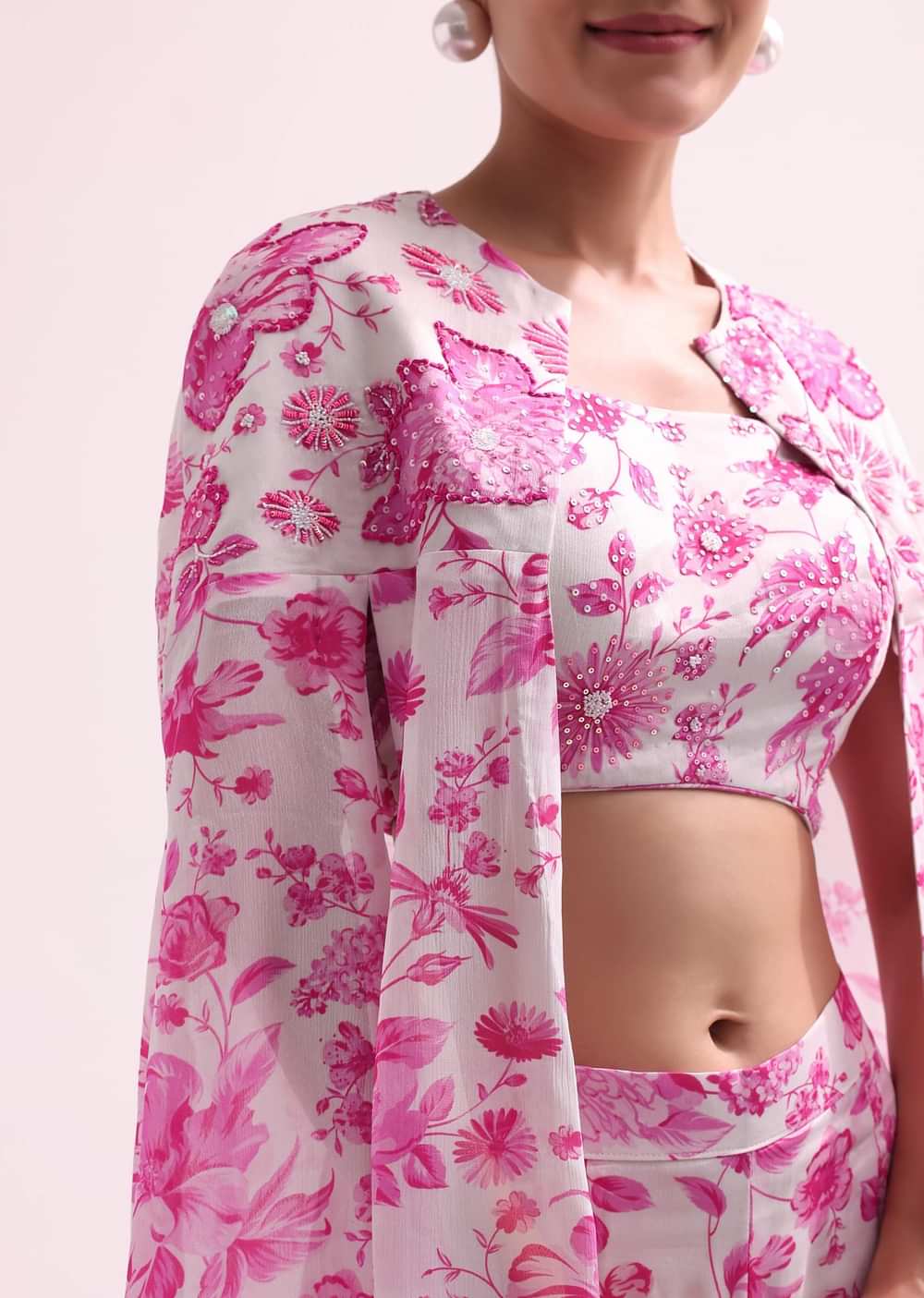 White And Pink Floral Croptop And Palazzo Set