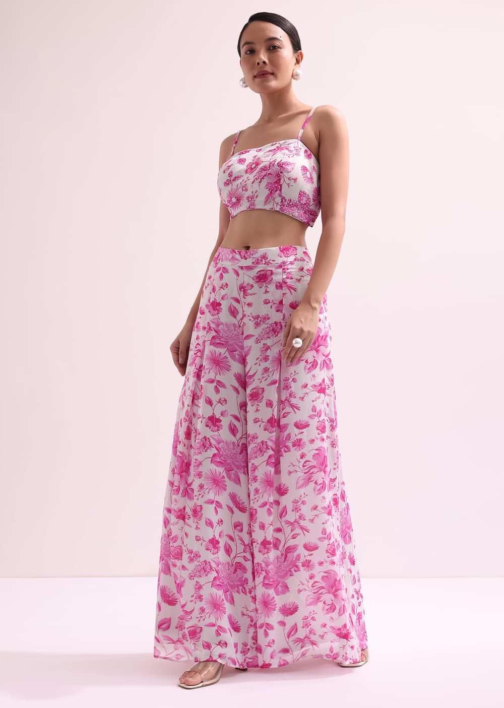 White And Pink Floral Croptop And Palazzo Set