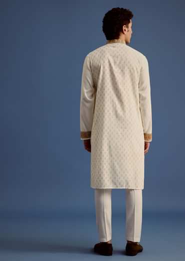 White Block Printed Kurta Set With Zari Embroidery