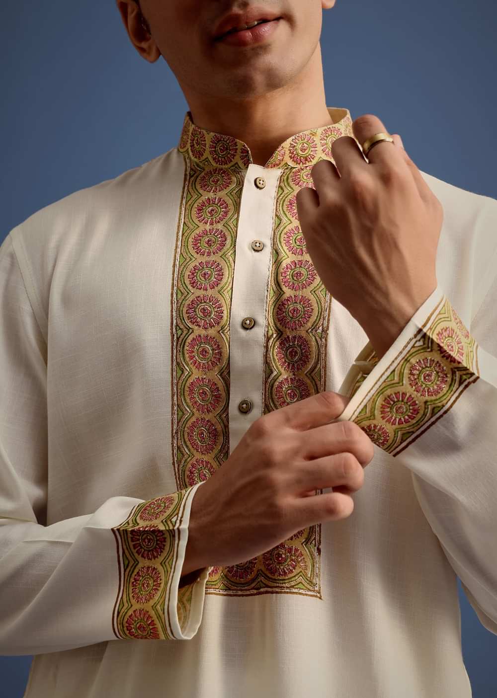 White Block Printed Kurta Set With Zari Embroidery