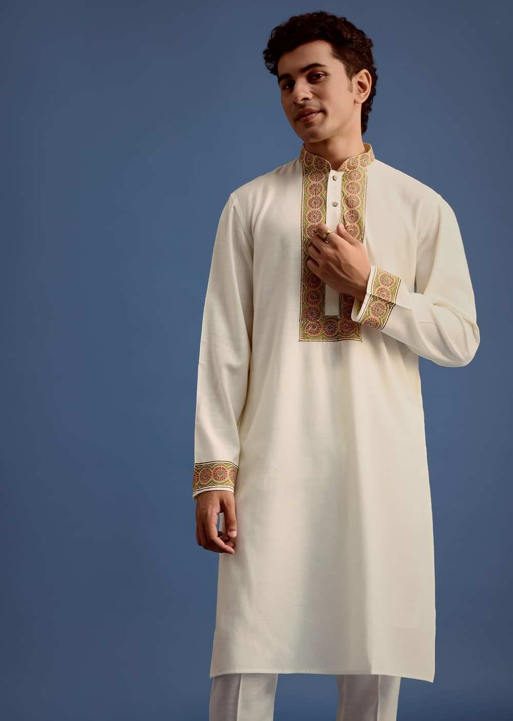 White Block Printed Kurta Set With Zari Embroidery