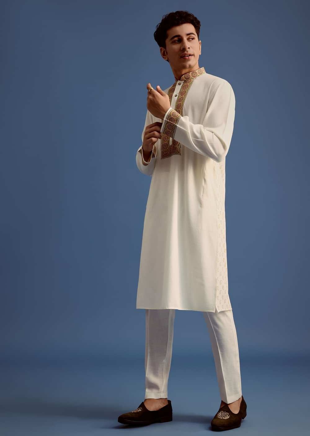 White Block Printed Kurta Set With Zari Embroidery