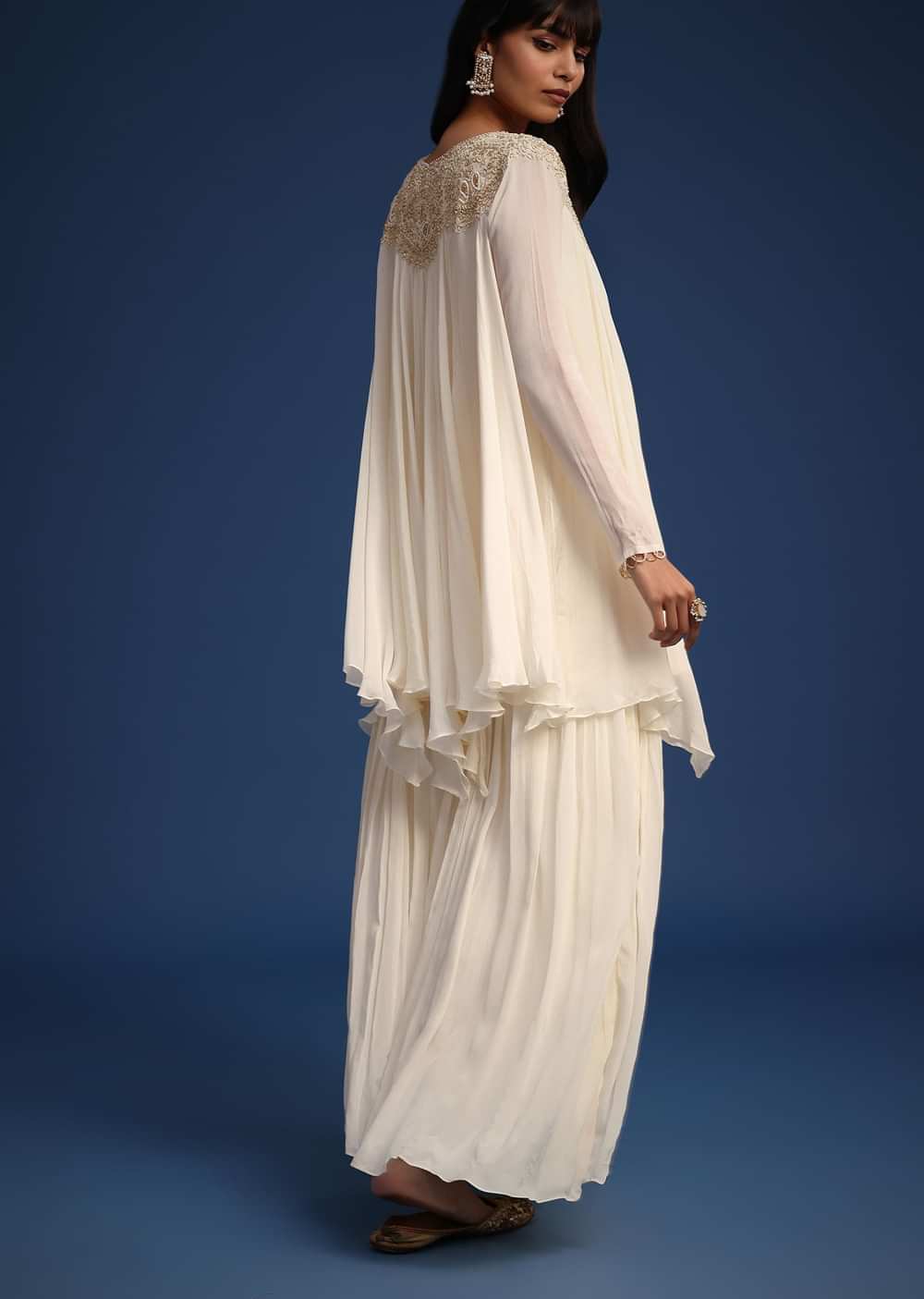 White Chiffon Kurta And Palazzo Set With Cutdana And Sequin Work