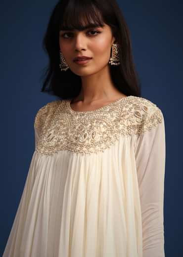 White Chiffon Kurta And Palazzo Set With Cutdana And Sequin Work