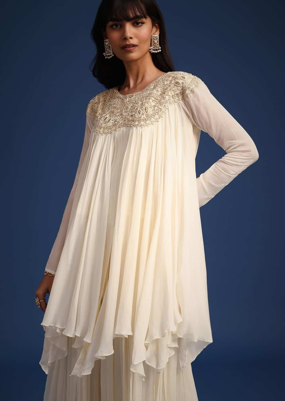 White Chiffon Kurta And Palazzo Set With Cutdana And Sequin Work