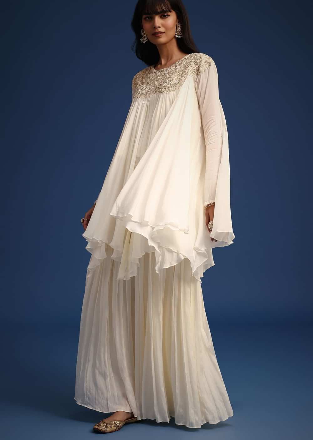White Chiffon Kurta And Palazzo Set With Cutdana And Sequin Work