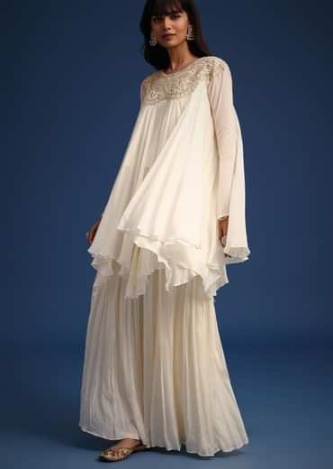 White Chiffon Kurta And Palazzo Set With Cutdana And Sequin Work