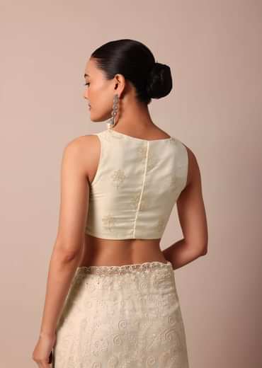 White Chikankari Saree In Organza Silk With Beaded Scallop Detail And Unstitched Blouse Fabric