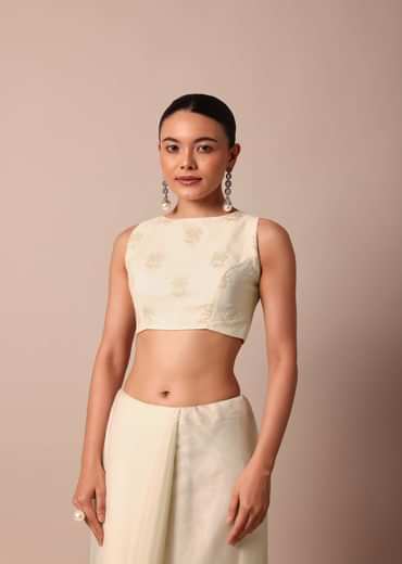 White Chikankari Saree In Organza Silk With Beaded Scallop Detail And Unstitched Blouse Fabric