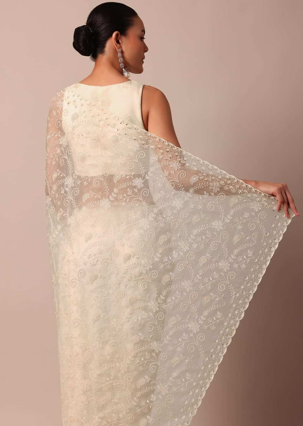 White Chikankari Saree In Organza Silk With Beaded Scallop Detail And Unstitched Blouse Fabric