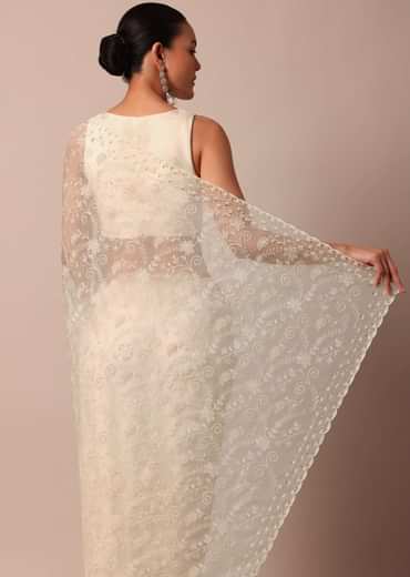 White Chikankari Saree In Organza Silk With Beaded Scallop Detail And Unstitched Blouse Fabric