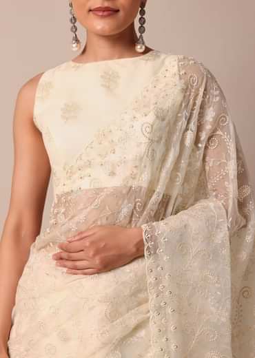 White Chikankari Saree In Organza Silk With Beaded Scallop Detail And Unstitched Blouse Fabric