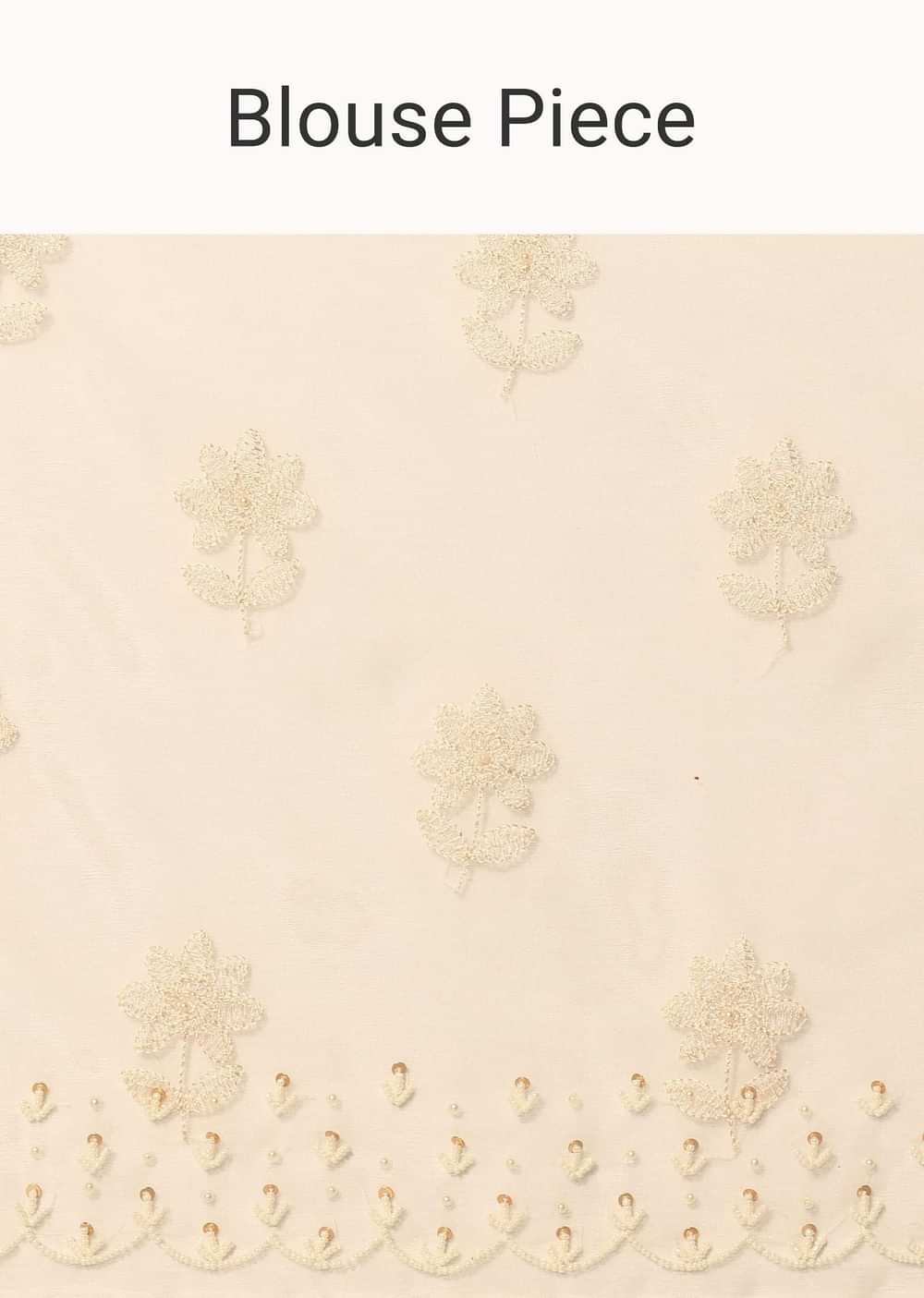 White Chikankari Saree In Organza Silk With Beaded Scallop Detail And Unstitched Blouse Fabric