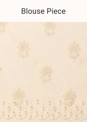 White Chikankari Saree In Organza Silk With Beaded Scallop Detail And Unstitched Blouse Fabric