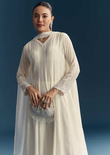 White Chinon Anarkali Suit With Sequins Work