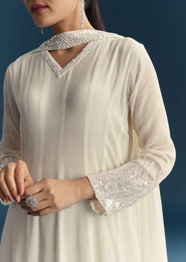 White Chinon Anarkali Suit With Sequins Work