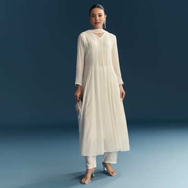 White Chinon Anarkali Suit With Sequins Work