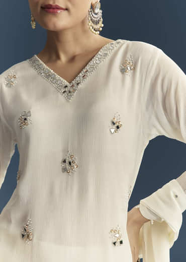 White Chinon Sharara Suit With Mirror And Sequins Embroidery