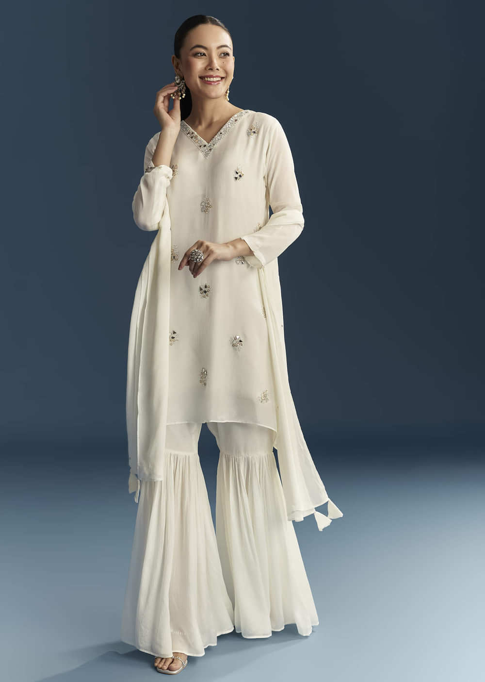 White Chinon Sharara Suit With Mirror And Sequins Embroidery
