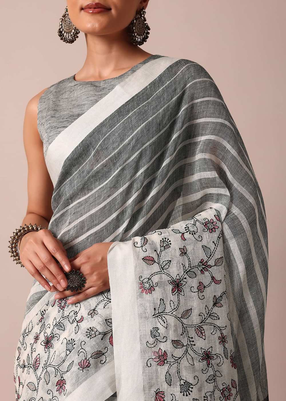 White Cotton Linen Floral Thread Embroidered Saree With Unstitched Blouse Piece