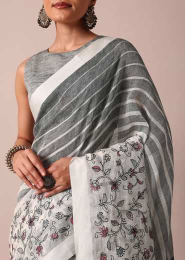 White Cotton Linen Floral Thread Embroidered Saree With Unstitched Blouse Piece