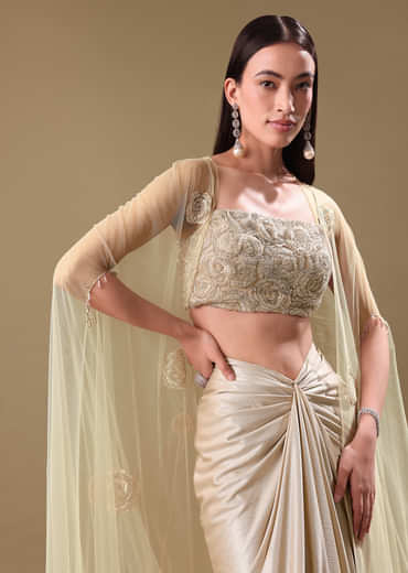 White Drape Skirt Set With Jacket