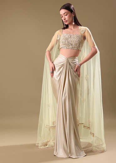 White Drape Skirt Set With Jacket