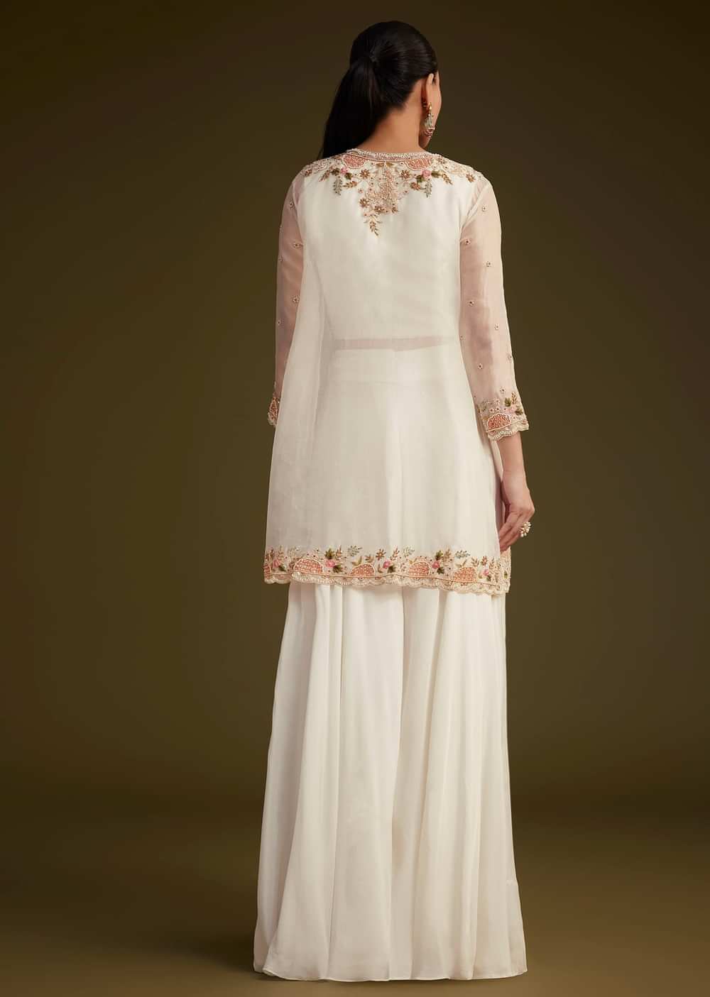 White Embroidered Croptop Palazzo And Jacket Set