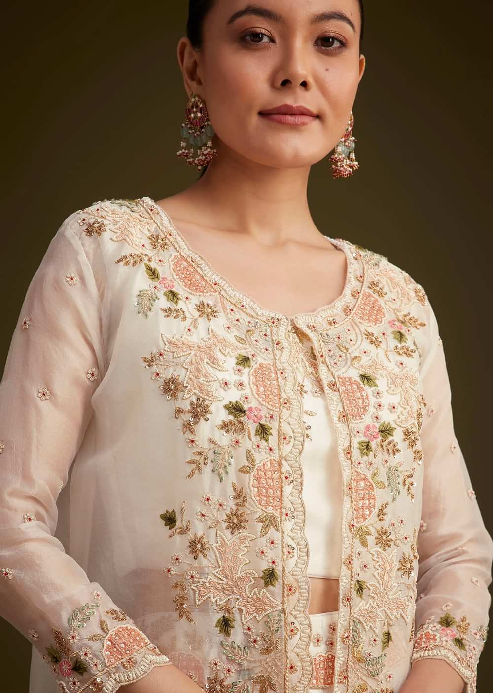 White Embroidered Croptop Palazzo And Jacket Set