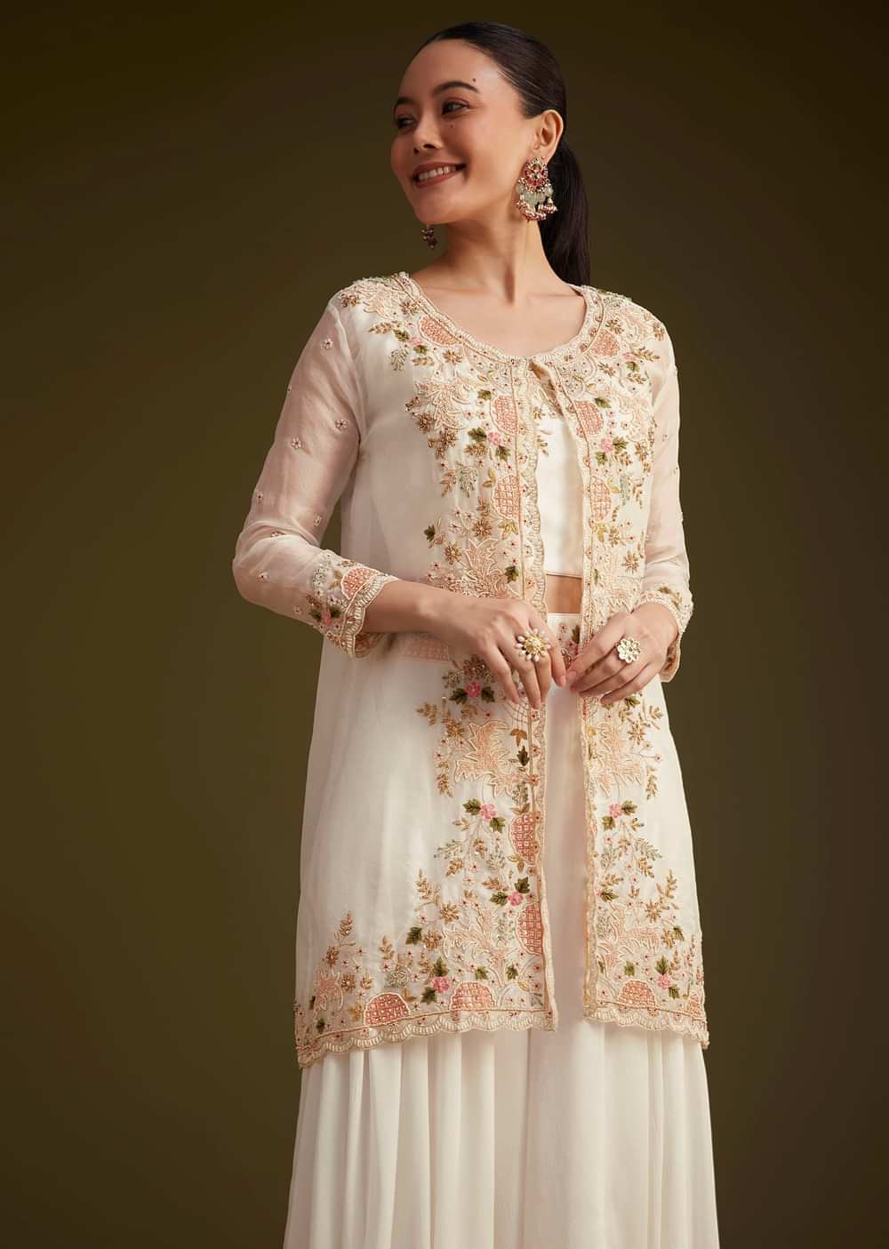 White Embroidered Croptop Palazzo And Jacket Set