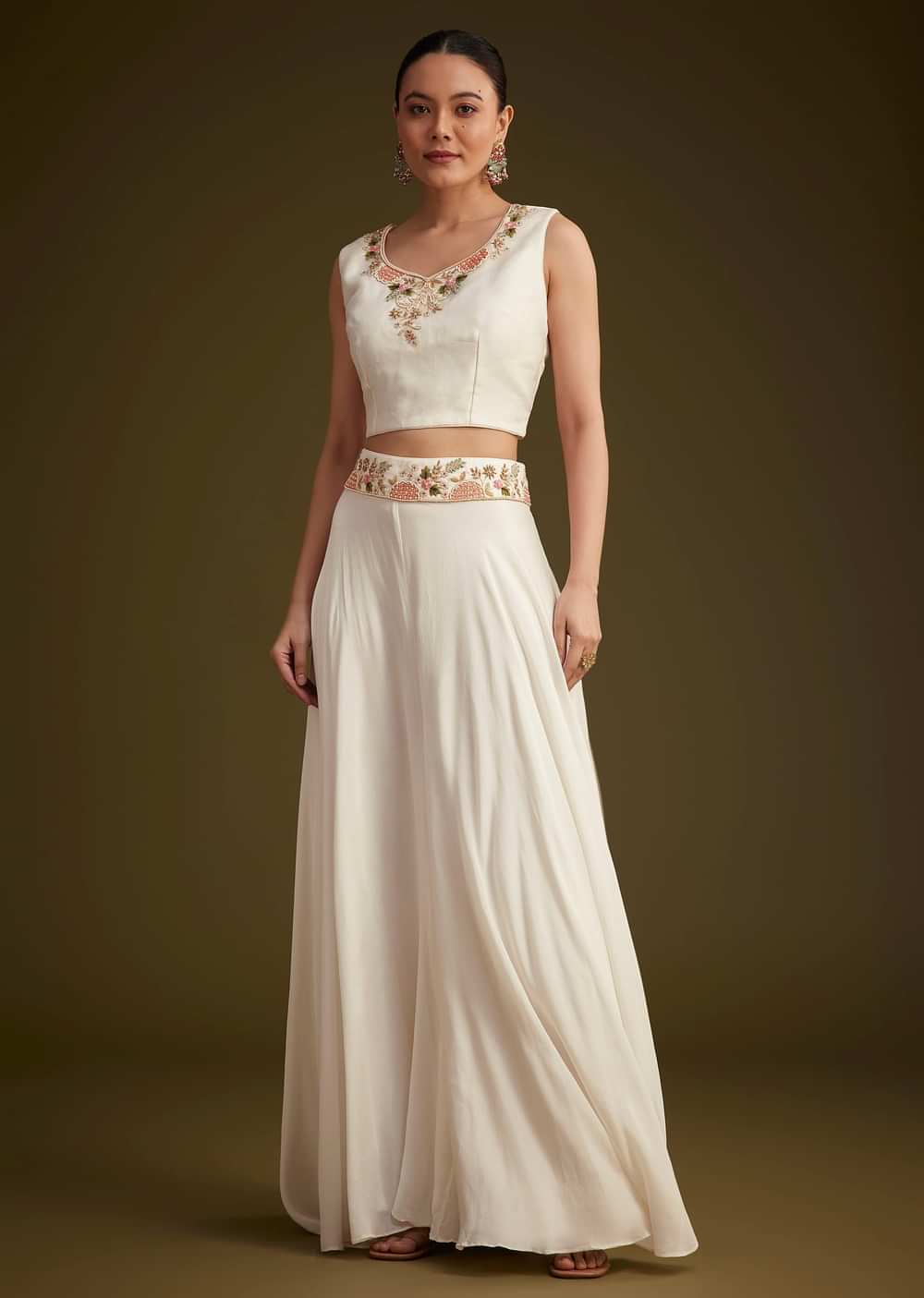 White Embroidered Croptop Palazzo And Jacket Set