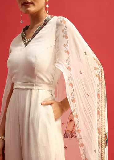 White Embroidered Georgette Jumpsuit