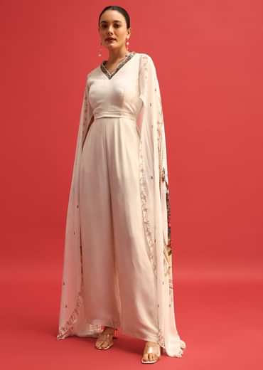 White Embroidered Georgette Jumpsuit