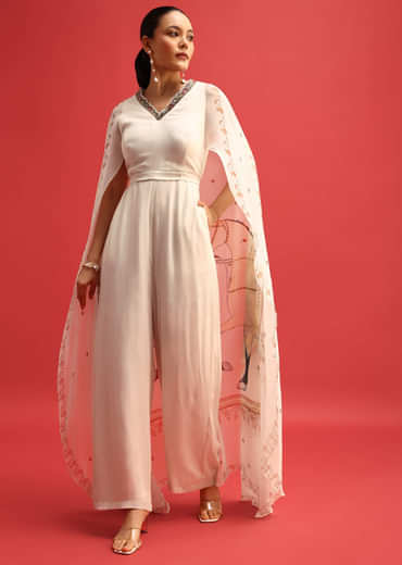 White Embroidered Georgette Jumpsuit