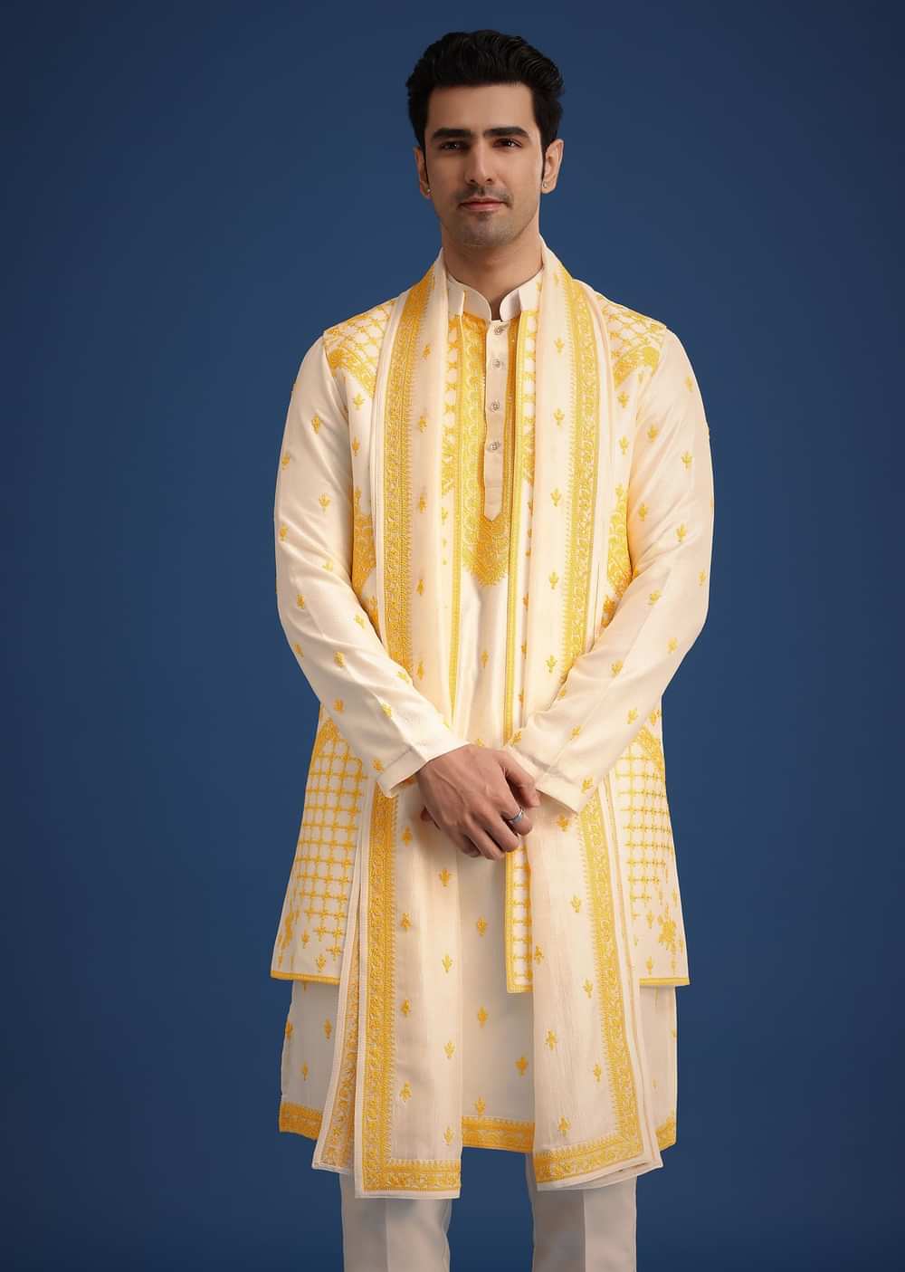 White Embroidered Jacket and Kurta Set With Dupatta