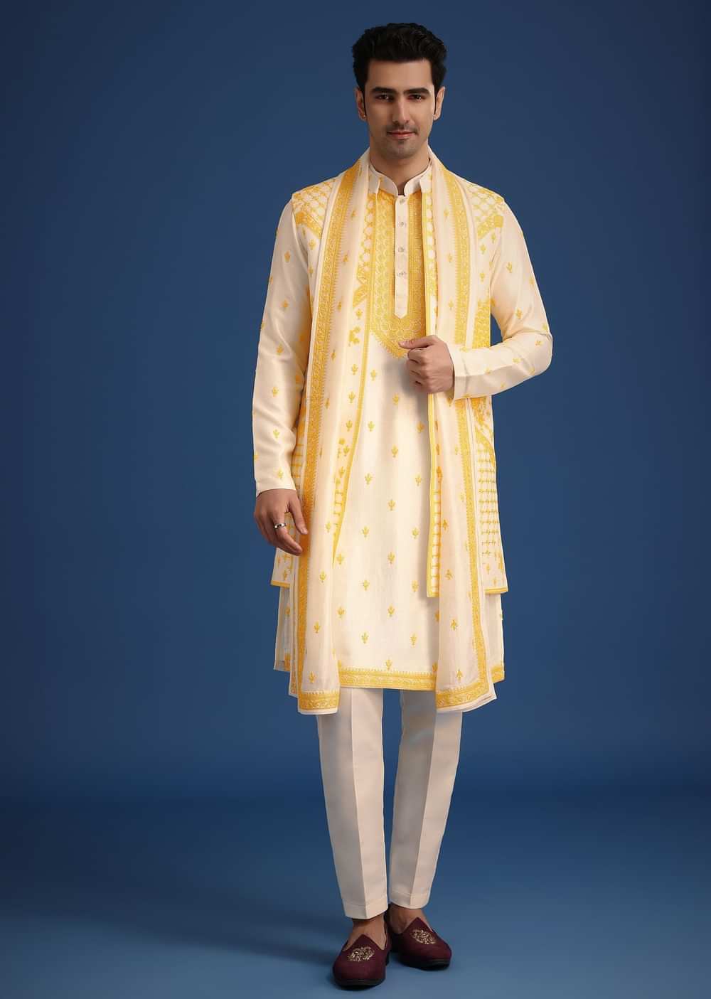 White Embroidered Jacket and Kurta Set With Dupatta