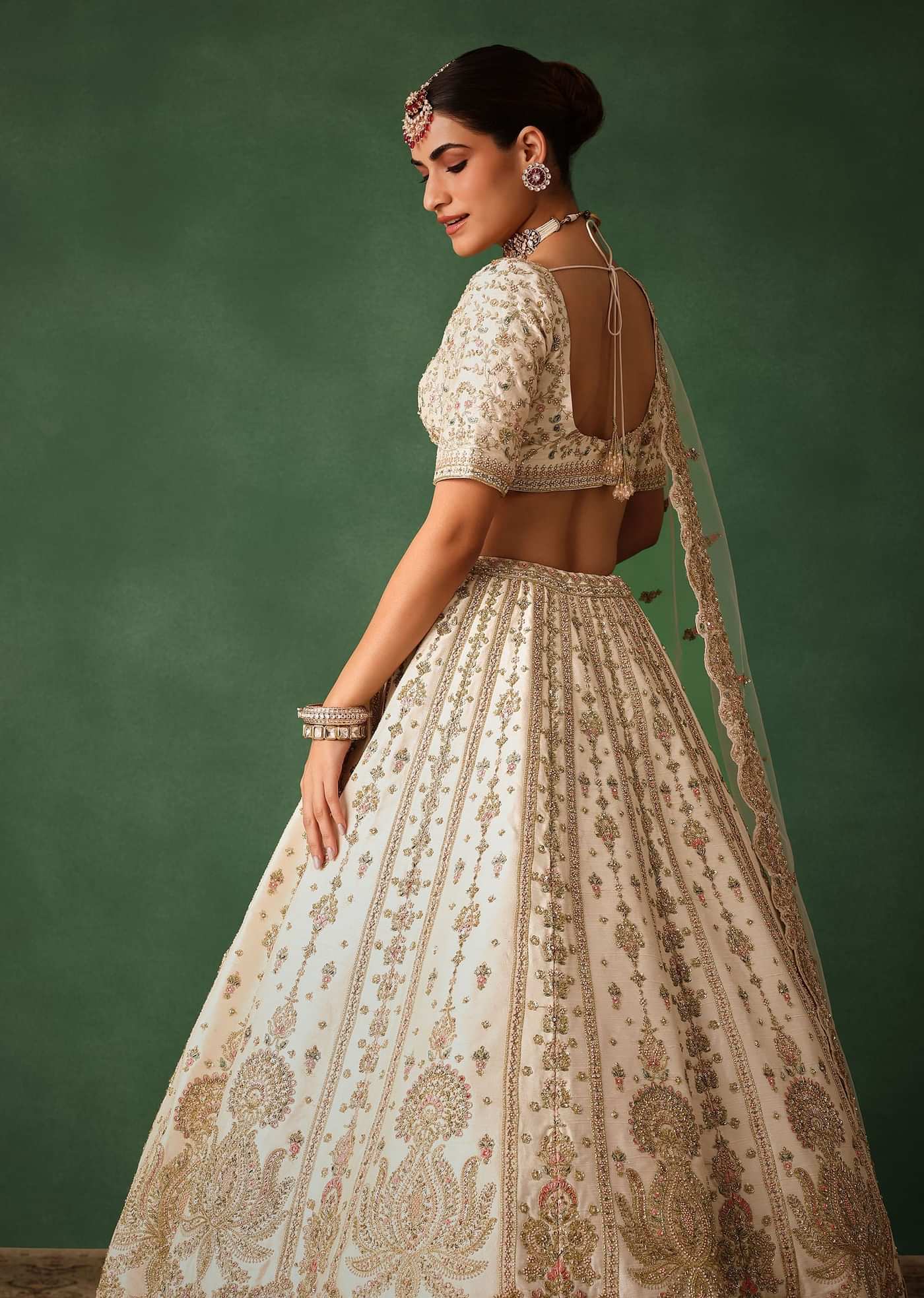 White Embroidered Lehenga Set In Raw Silk