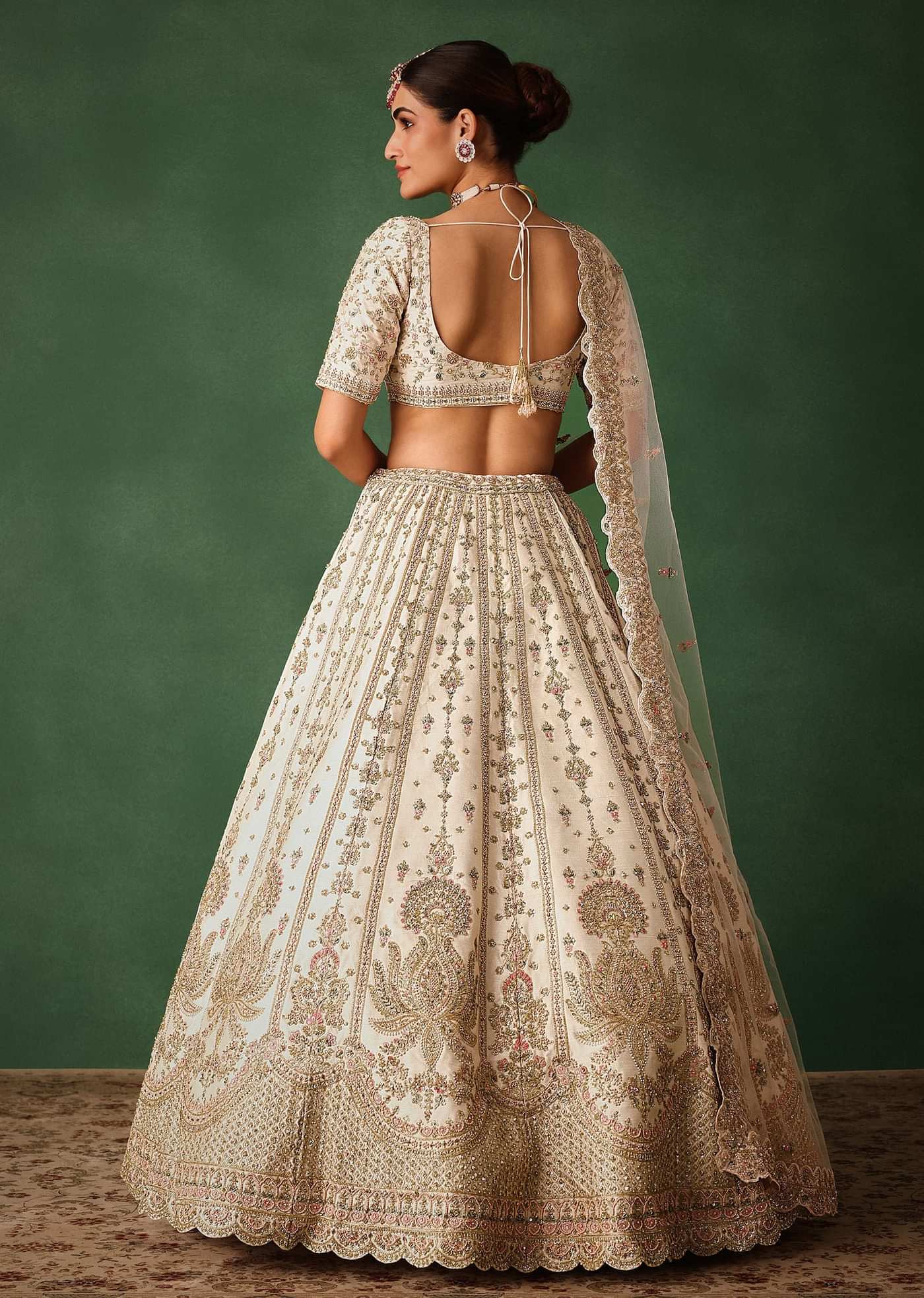 White Embroidered Lehenga Set In Raw Silk