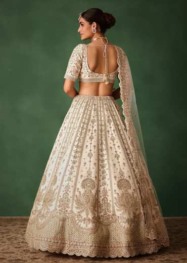 White Embroidered Lehenga Set In Raw Silk