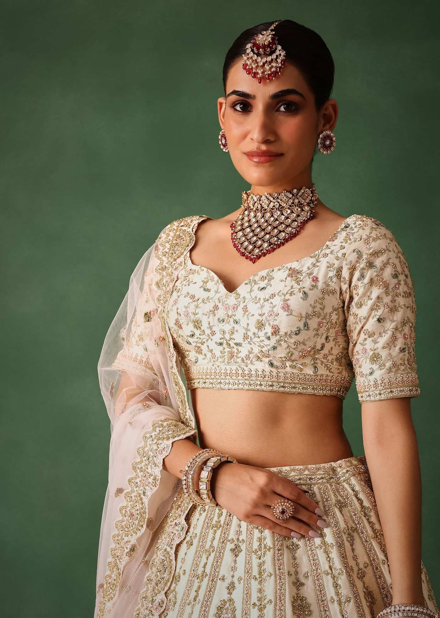 White Embroidered Lehenga Set In Raw Silk