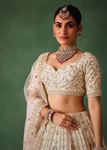 White Embroidered Lehenga Set In Raw Silk