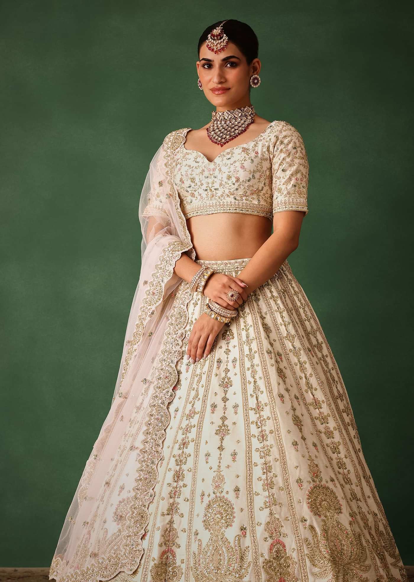 White Embroidered Lehenga Set In Raw Silk
