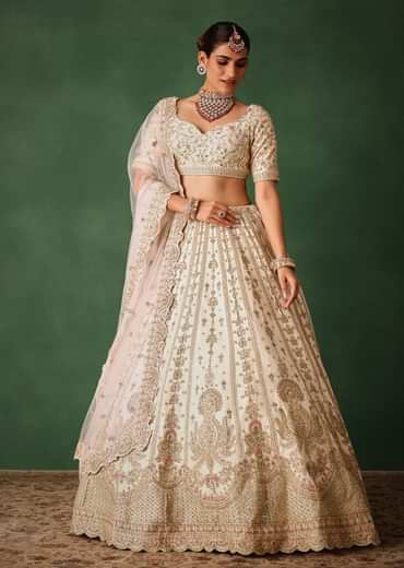 White Embroidered Lehenga Set In Raw Silk