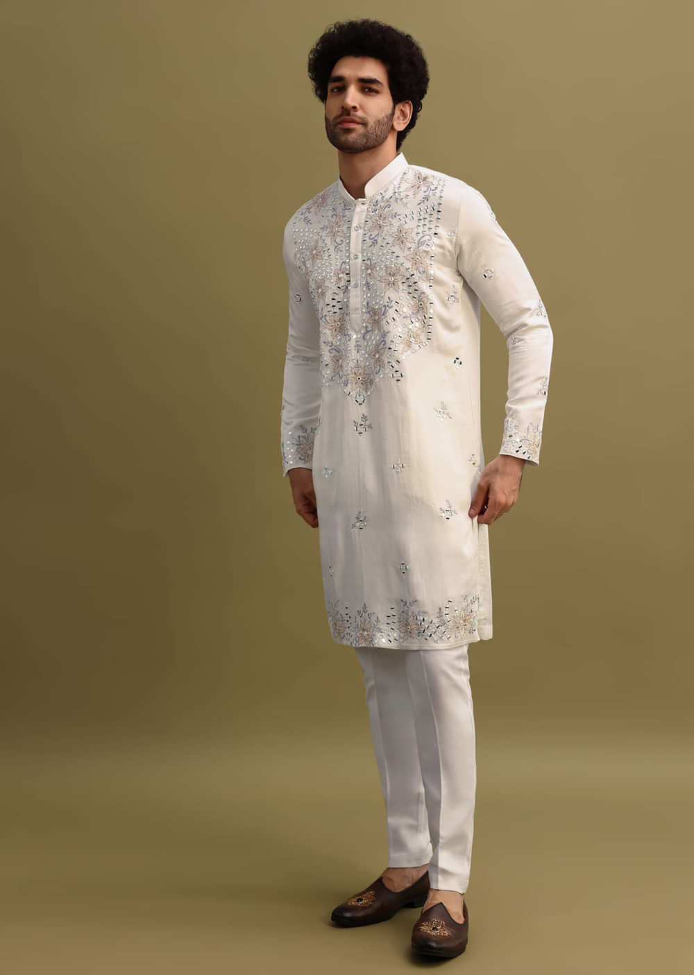 White Embroidered Mirror Work Kurta Set For Men