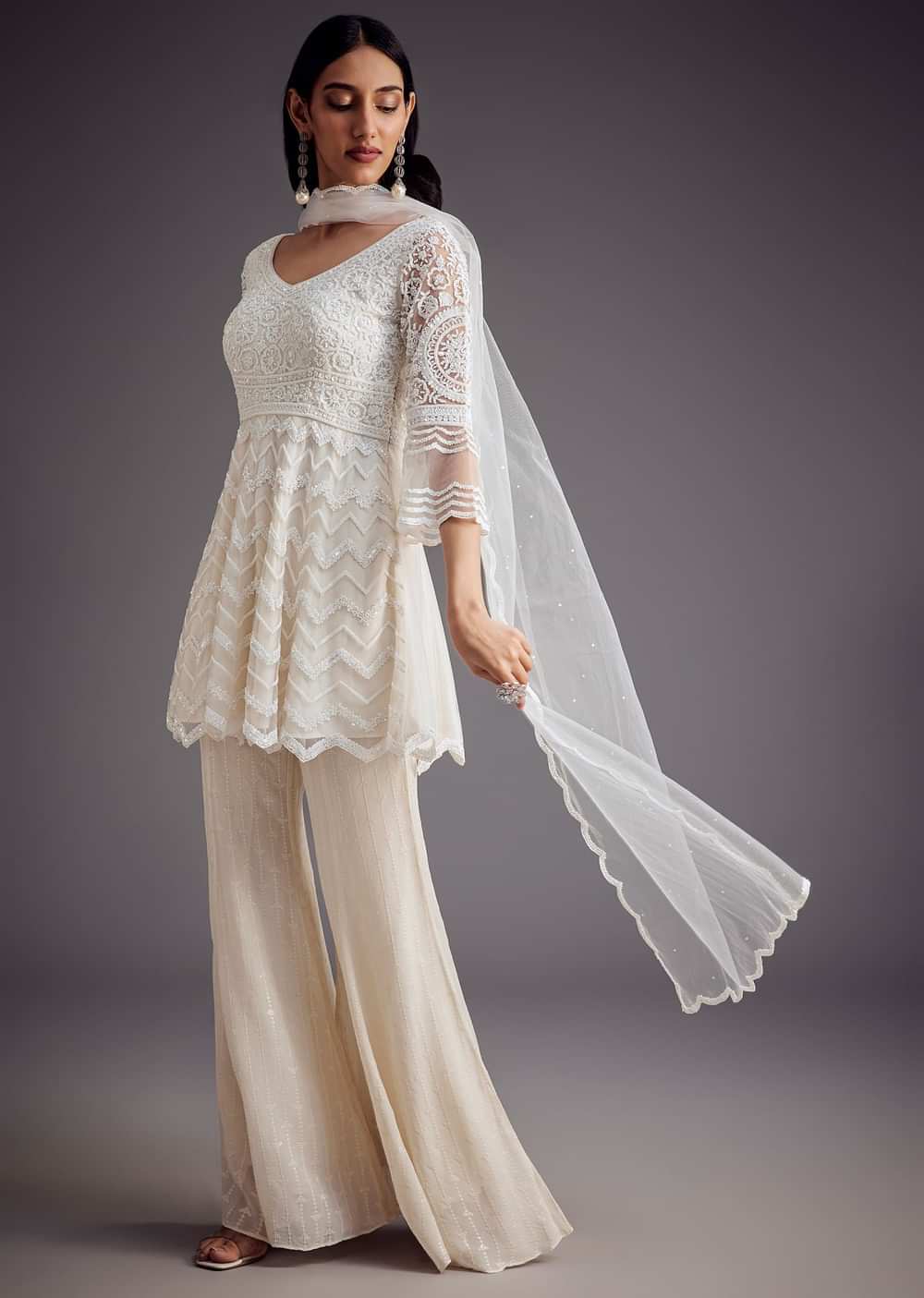 White Embroidered Peplum Kurta With Palazzo And Net Dupatta