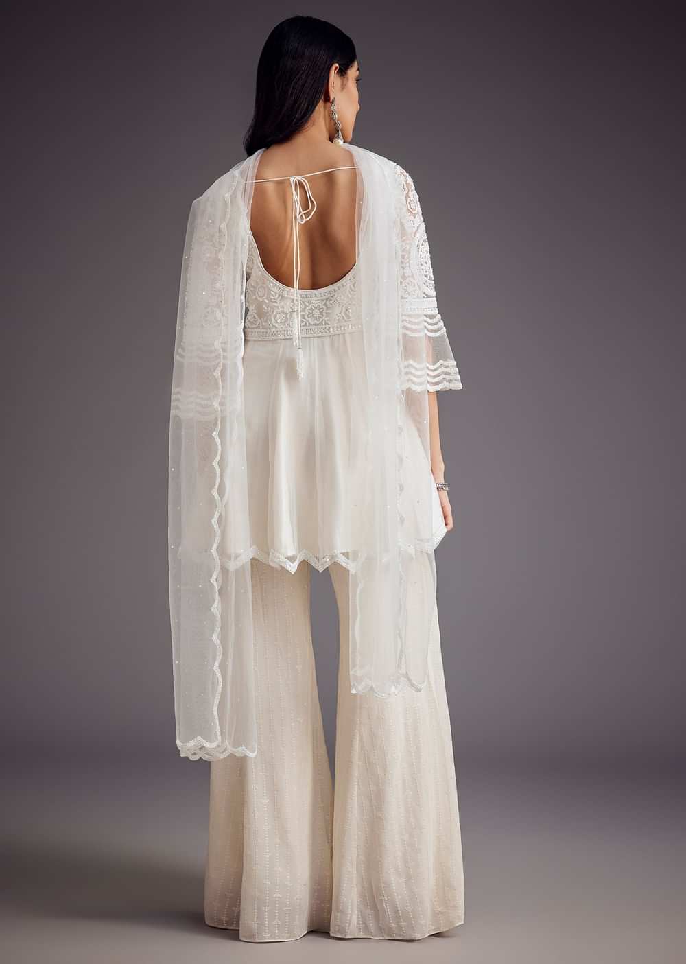 White Embroidered Peplum Kurta With Palazzo And Net Dupatta